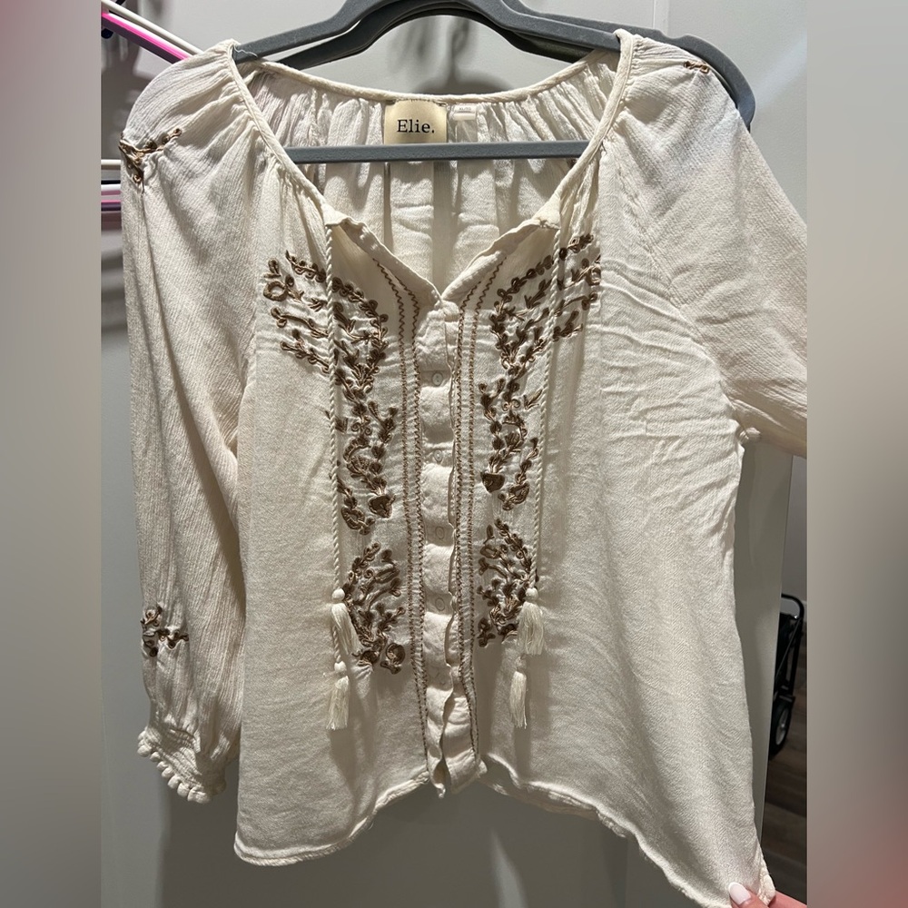 ELIE Cream Embroidered Women's XL Blouse